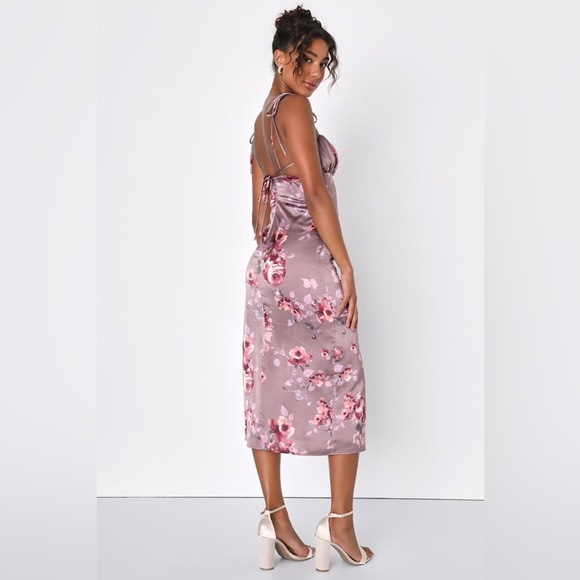 NWT Lulu's Fleur-ty Behavior Mauve Floral Satin Tie-Strap Midi Dress - Picture 3 of 8